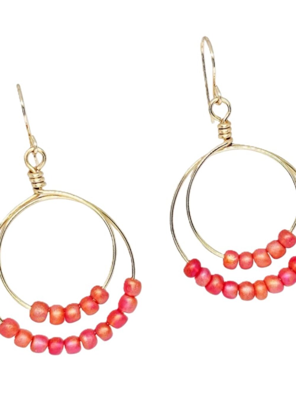 Handmade Coral Red Seed Beads Gold Tone Double Hoops Boho Chic Earrings